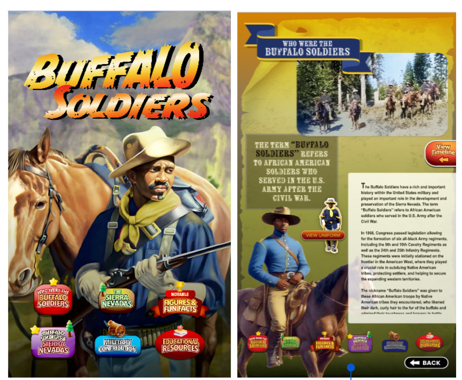Buffalo Soldiers app screenshots of menu and intro